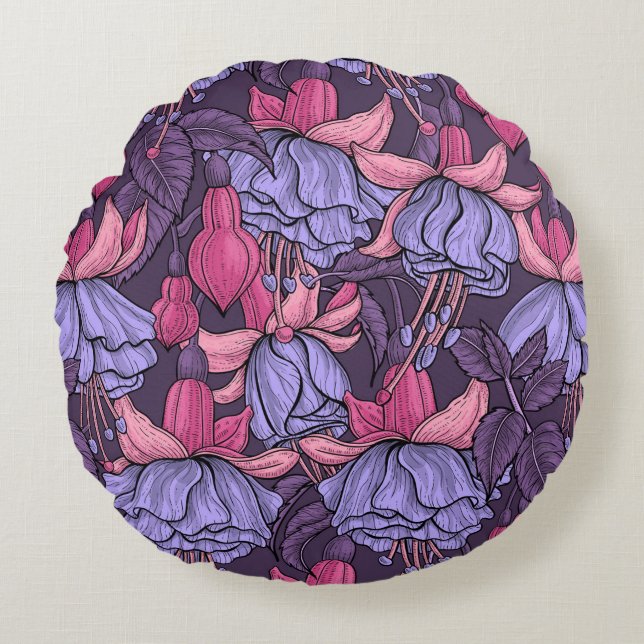 Fuchsia in pink and violet round pillow (Front)