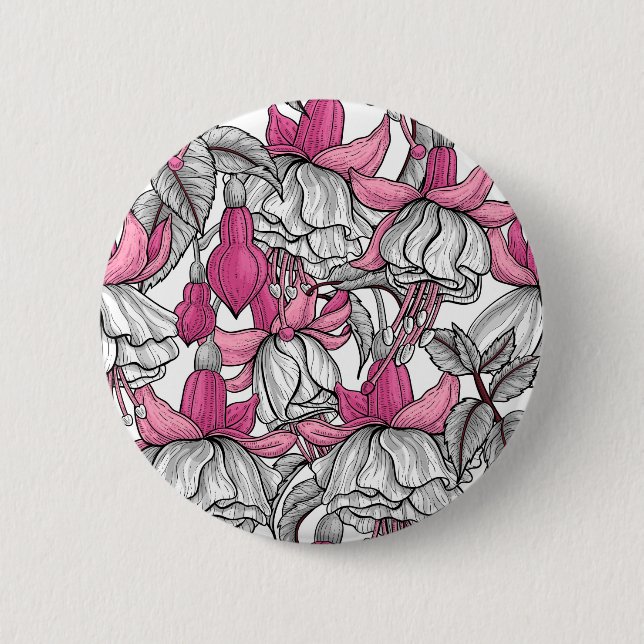 Fuchsia in white and pink 2 inch round button (Front)