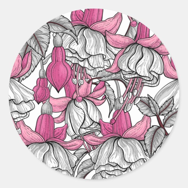 Fuchsia in white and pink classic round sticker (Front)
