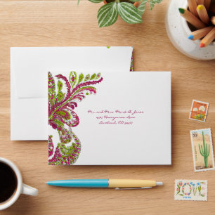 Fuchsia Lime Vintage Peacock Wedding RSVP Envelopes