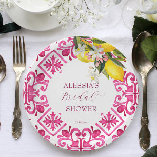 Fuchsia Majolica magenta tiles bridal shower  Paper Plate