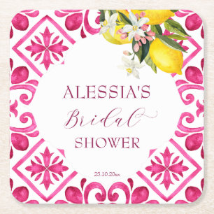 Fuchsia Majolica magenta tiles bridal shower  Square Paper Coaster