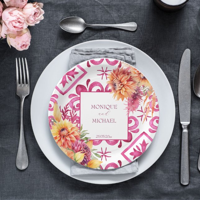 Fuchsia Majolica tiles orange dahlia template Paper Plate (Fuchsia Majolica tiles orange dahlia template Paper Plates personalized wedding tableware decor)