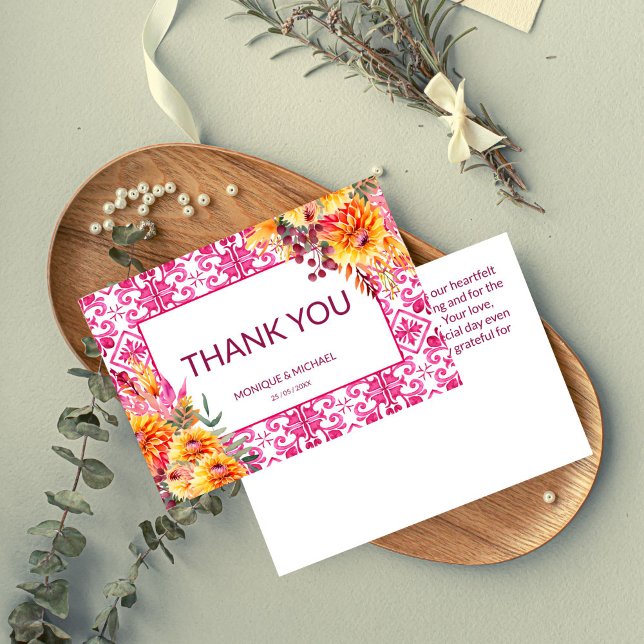 Fuchsia Majolica tiles orange dahlias Thank You Card (Fuchsia Majolica tiles orange dahlias Thank You Card wedding thank you bridal shower thank you cards)