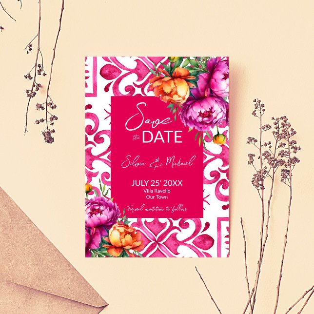 Fuchsia Majolica tiles orange peonies wedding Save The Date (Fuchsia Majolica tiles orange pink peonies wedding Save The Date card invitation template digital)