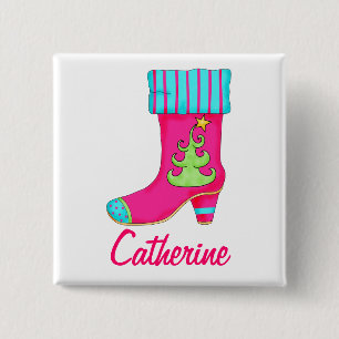 Fuchsia Merry Christmas Stocking Name Badge 2 Inch Square Button