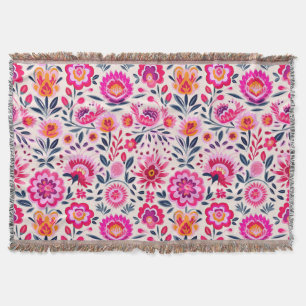 Fuchsia Mexican Flowers Pattern Colorful Fun Throw Blanket