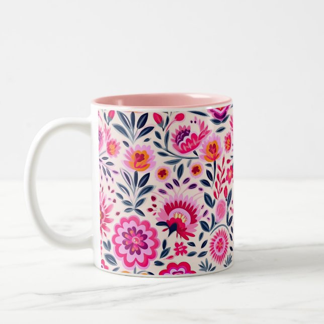 Fuchsia Mexican Flowers Pattern Vibrant Two-Tone Coffee Mug (Left)