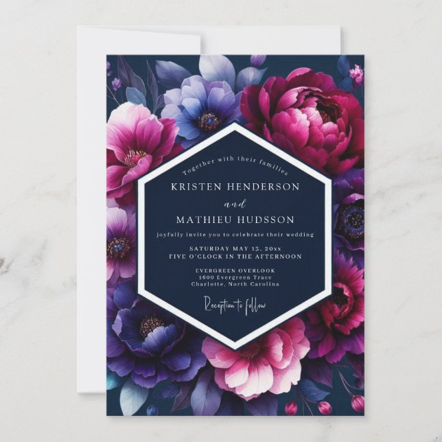 Fuchsia Midnight Flora Wedding Invitation (Front)