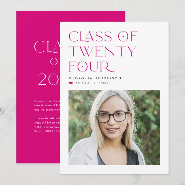 Fuchsia Minimalist Class of 2024 Photo Graduation Announcement (Front/Back)