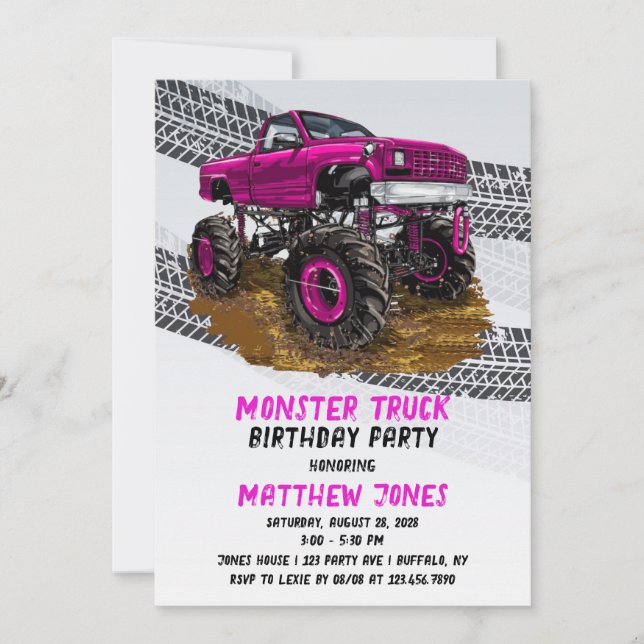 Fuchsia Monster Truck Birthday Party Invitation (Front)
