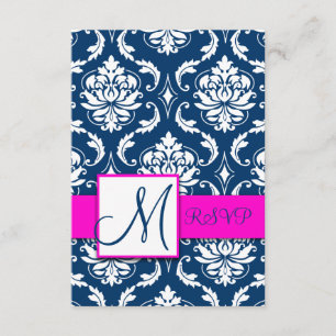 Fuchsia Navy Blue Damask Monogram RSVP Card