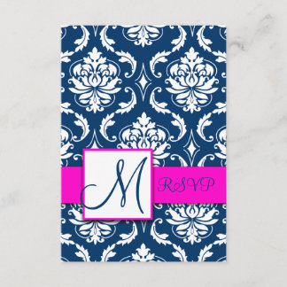 Fuchsia Navy Blue Damask Monogram RSVP Card