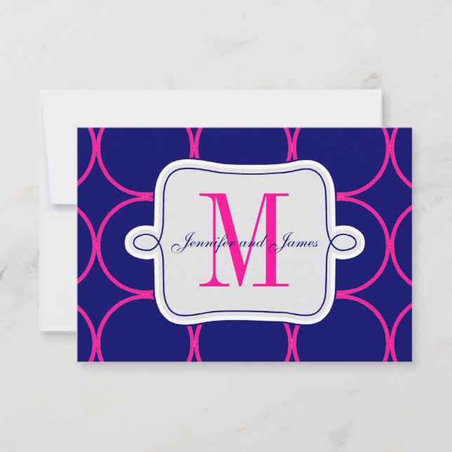 Fuchsia Navy Blue Modern Wedding RSVP #2 Card (Front)