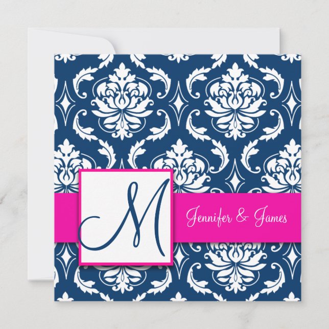 Fuchsia Navy Blue Vintage Damask Invitation 2 (Front)