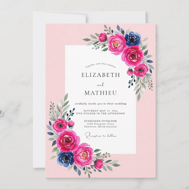 Fuchsia Navy Luminous Spring Wedding Invitation (Front)