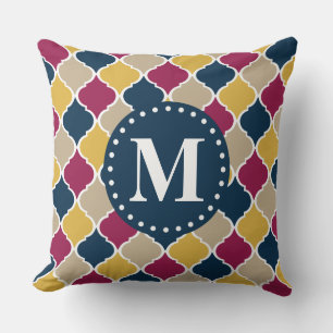 Fuchsia Navy Moroccan Lattice Monogram Throw Pillow