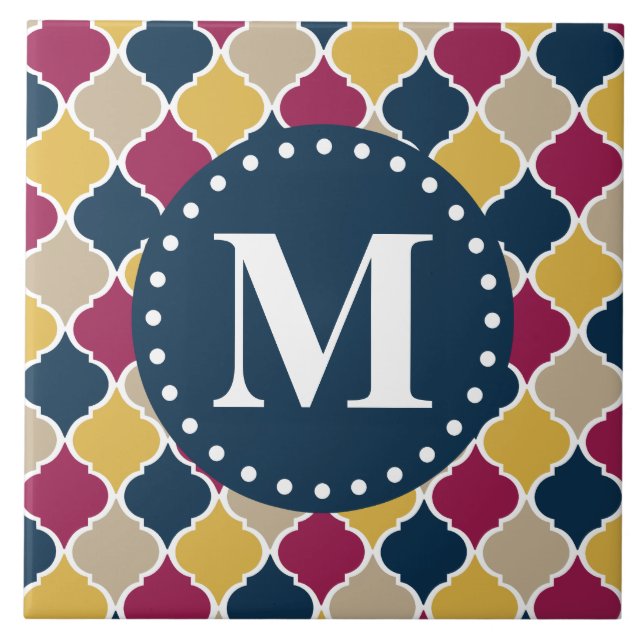 Fuchsia Navy Moroccan Lattice Monogram Tile (Front)