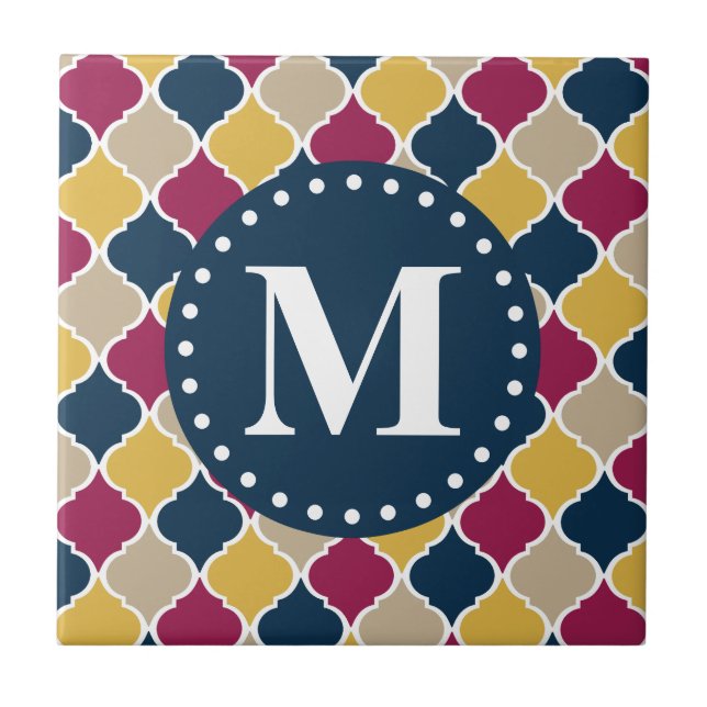Fuchsia Navy Moroccan Lattice Monogram Tile (Front)