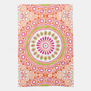 Fuchsia Orange and Green Vibrant Mandala Pattern Kitchen Towel