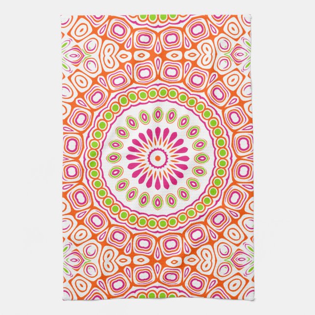 Fuchsia Orange and Green Vibrant Mandala Pattern Kitchen Towel (Vertical)