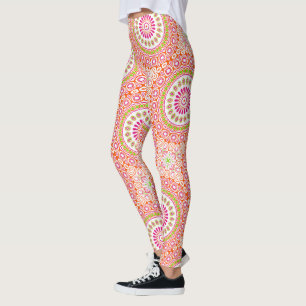 Fuchsia Orange and Green Vibrant Mandala Pattern Leggings