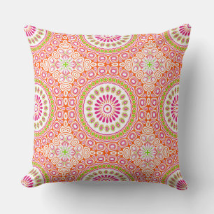 Fuchsia Orange and Green Vibrant Mandala Pattern Throw Pillow