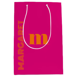 Fuchsia & orange custom initial name modern medium gift bag