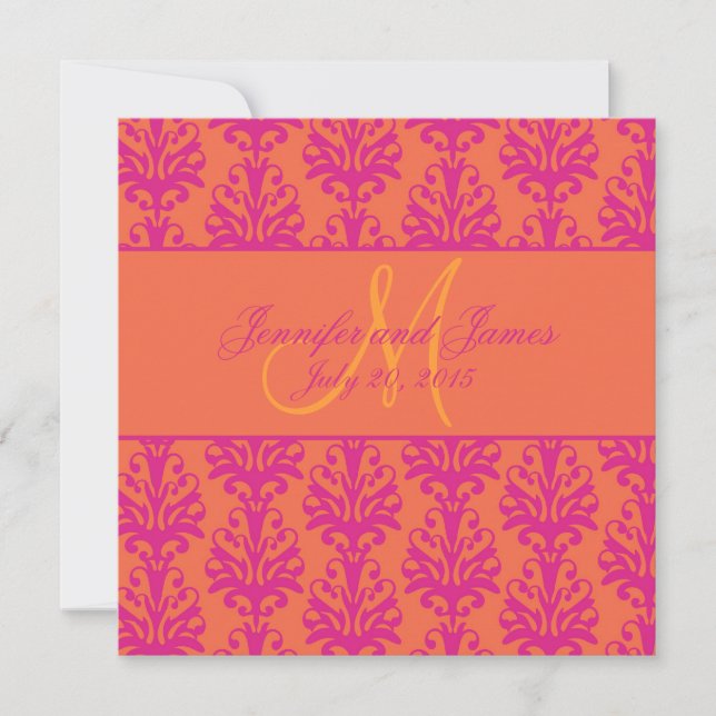 Fuchsia Orange Damask Wedding Invitation Square (Front)