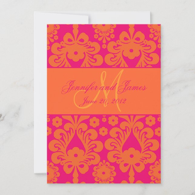 Fuchsia Orange Damask Wedding Save the Date (Front)