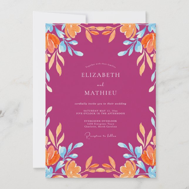 Fuchsia Orange Foliage Eucalyptus Wedding Invitation (Front)