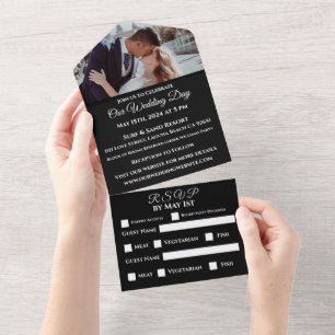 Fuchsia Orchids on Black-Photo Wedding-  All In One Invitation