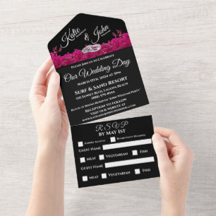Fuchsia Orchids on Black-Wedding- All In One Invit Invitation