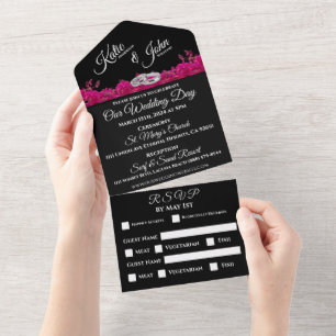 Fuchsia Orchids on Black-Wedding-  All In One Invitation
