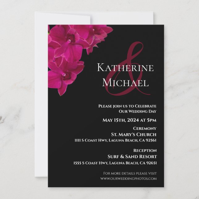 Fuchsia Orchids on Black-Wedding- Invitation (Front)