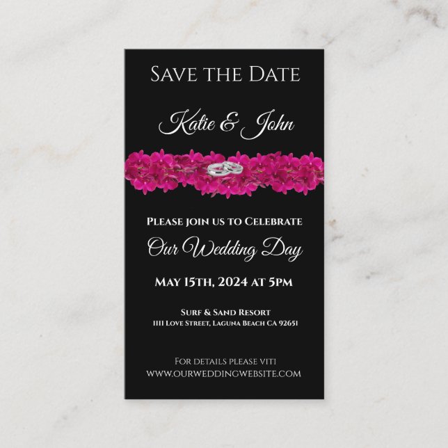 Fuchsia Orchids on Black- Wedding Save the Date- Business Card (Front)
