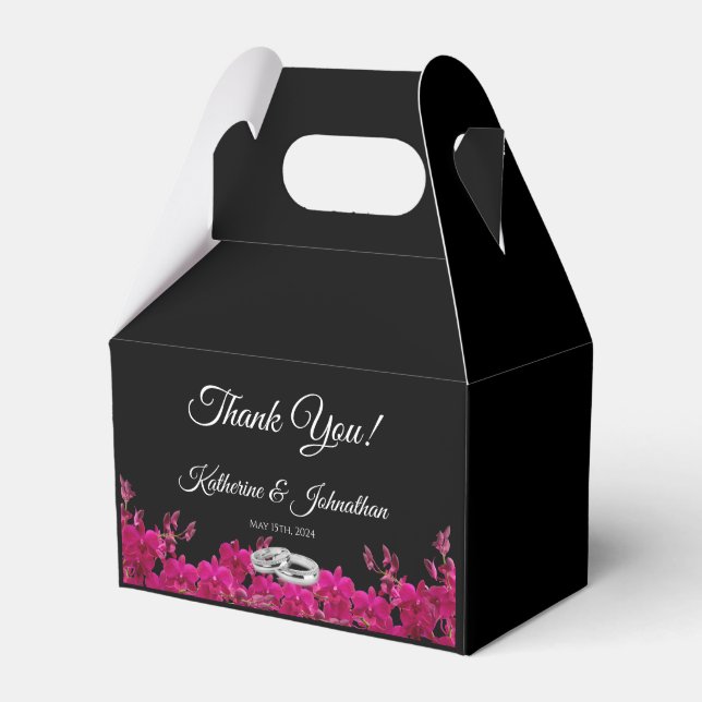 Fuchsia Orchids on Black-Wedding Thank you- Favor Box (Front Side)