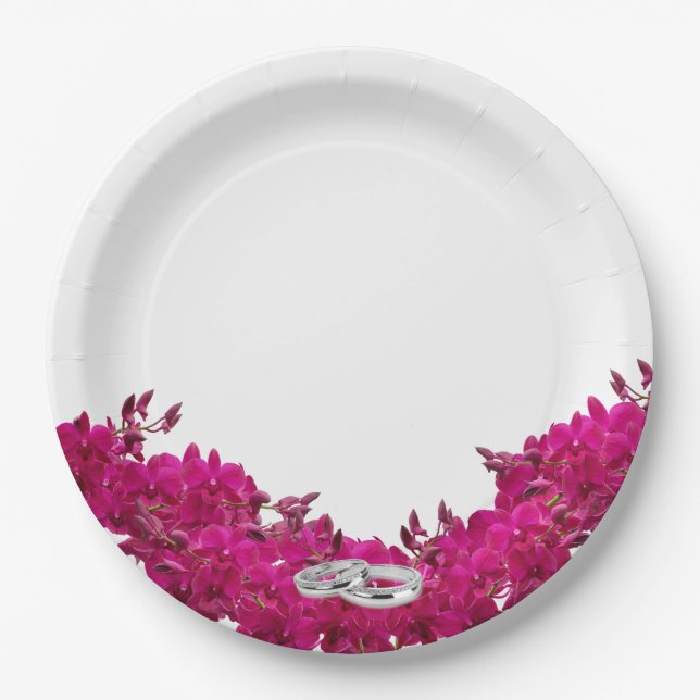 Fuchsia Orchids on White-Wedding Plates-Rings- Paper Plate (Front)