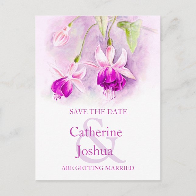 Fuchsia painted flower purple save the date card (Front)