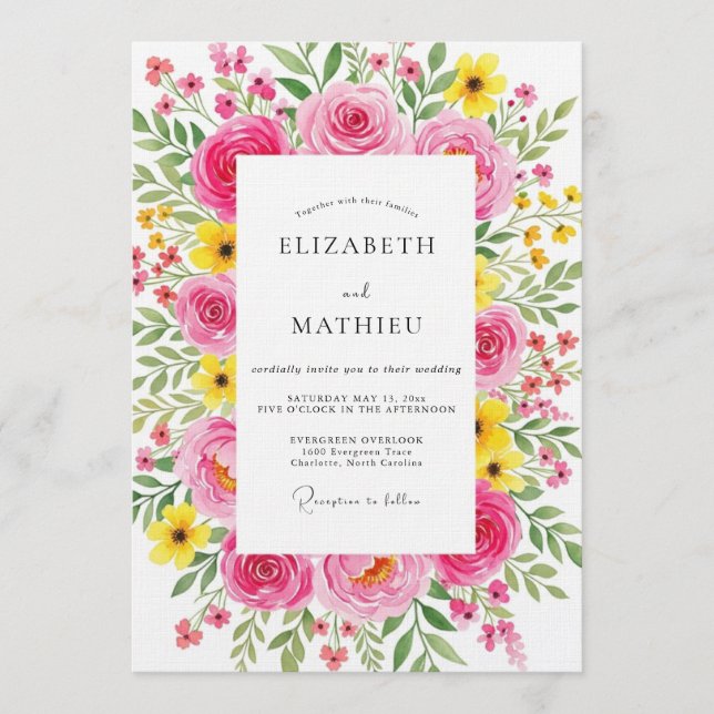 Fuchsia Painterly Flora Wedding Invitation (Front)