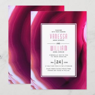 Fuchsia pink agate slice and frame wedding invitation