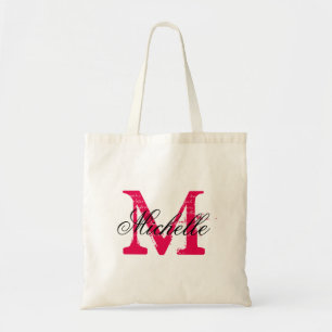 Fuchsia pink and black wedding tote bag with name