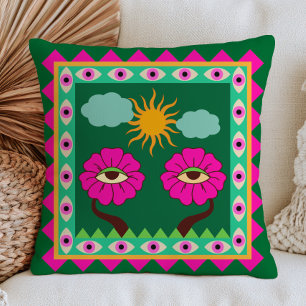 Fuchsia Pink and Emerald Green Evil Eyes Funky  Throw Pillow