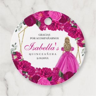 Fuchsia Pink and Gold Floral Quinceanera Circle Favour Tags