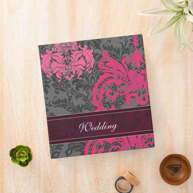 Fuchsia Pink and Grey Damask Wedding Binder (In Situ)