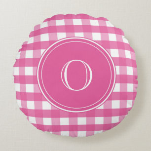 Fuchsia Pink and White Gingham Monogram Round Pillow