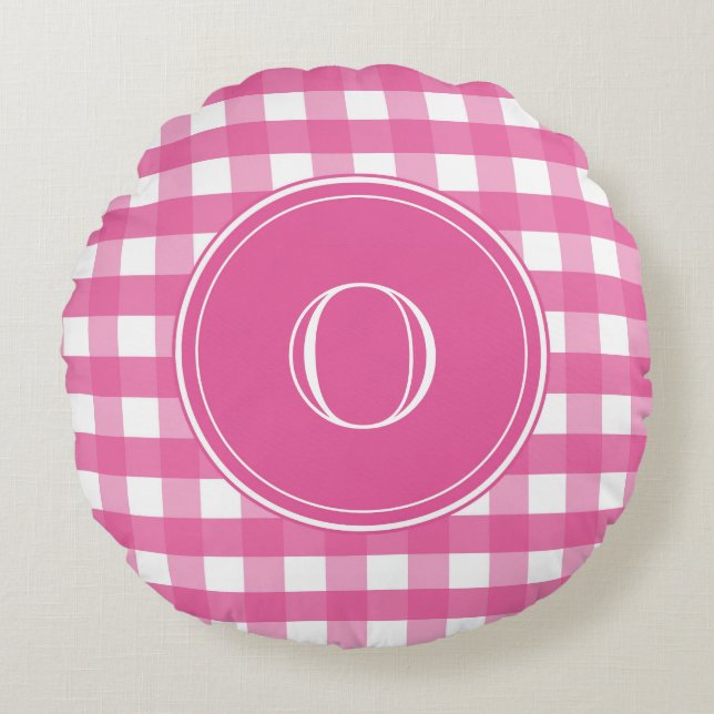 Fuchsia Pink and White Gingham Monogram Round Pillow (Front)