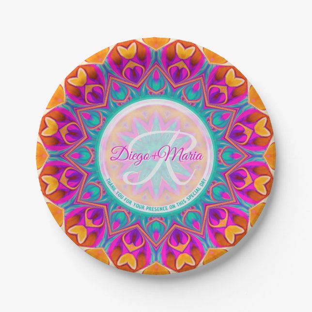 Fuchsia Pink Aqua Orange Party Mandala Monogram Paper Plate (Front)