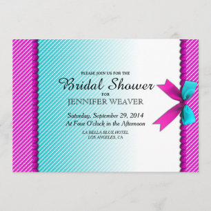 Fuchsia Pink & Aqua Teal Neon Dots, Bow, & Ribbon Invitation