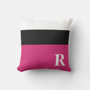 Fuchsia Pink Black and White Colour Block Monogram Throw Pillow